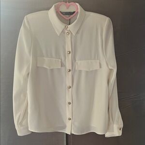Zara Ivory Blouse with rounded Gold Buttons, shoulder pads and faux pockets